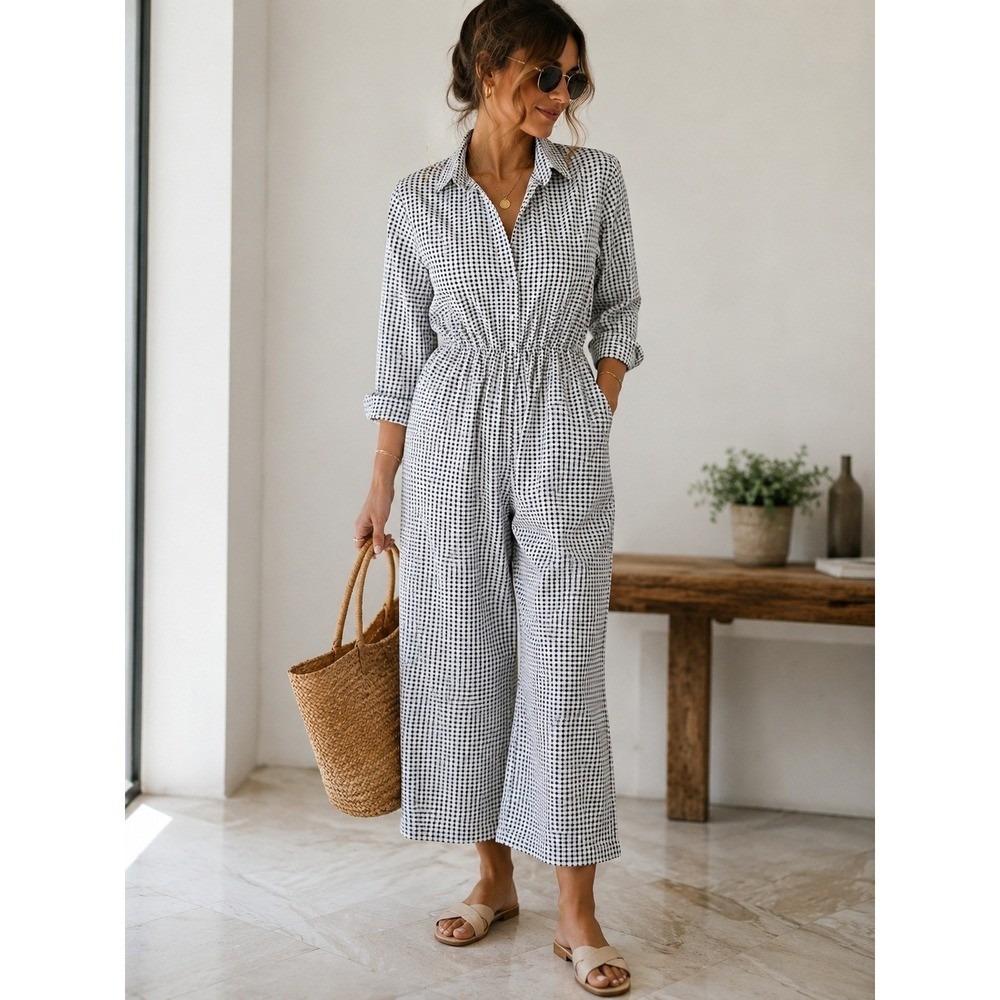 Oshoplive Black White Gingham Cotton Wide Leg Jumpsuit Size M Cottage Minimalist